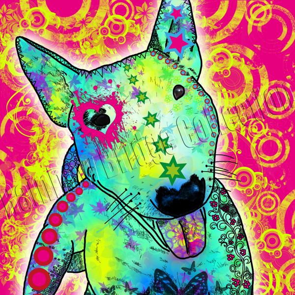 Bild von Bullterrier Paul in Grü/Blau mit pInken Hintergrund im Popart Stile